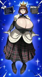1girl angry breasts brown_hair captain_kirb clothes crown dialogue_box earrings english_text female_focus huge_breasts jewelry looking_at_viewer niijima_makoto persona persona_5 piercing queen red_eyes serious solo solo_focus