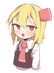 1girl :d black_vest blonde_hair blush collared_shirt commentary_request cropped_torso fang hair_between_eyes hair_ribbon highres long_sleeves looking_at_viewer medium_hair necktie open_mouth oyatu_potage red_eyes red_necktie red_ribbon ribbon rumia shirt short_necktie simple_background skin_fang smile solo touhou vest white_background white_shirt