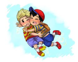 artist_request bad_tag black_hair child hat hug lucas_(mother_3) mother_(series) mother_2 mother_3 ness_(mother_2) nintendo shirt shota smile striped_clothes striped_shirt super_smash_bros.