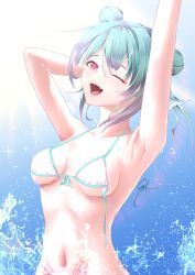 1girl ;d absurdres armpits arms_up bikini blue_hair blue_ribbon breasts character_request cleavage double_bun fang finana_ryugu front-tie_bikini_top front-tie_top hair_bun halterneck highres medium_hair nijisanji nijisanji_en one_eye_closed open_mouth pink_eyes ribbon sideboob signature skin_fang smile solo sparkle swimsuit syxh underboob untied_bikini upper_body virtual_youtuber white_bikini