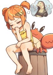 1girl barefoot barrel casual_one-piece_swimsuit closed_eyes commentary crab crab_hair_ornament driftingtiger english_commentary fine_art_parody flat_chest frilled_one-piece_swimsuit frills full_body mona_lisa one-piece_swimsuit orange_hair original parody short_hair simple_background sitting solo speech_bubble swimsuit the_thinker thinking thought_bubble toes white_background yellow_one-piece_swimsuit