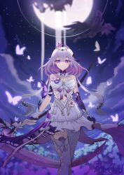 1girl absurdres artist_name asymmetrical_gloves bare_shoulders black_tiara bluecloud137 breasts bug butterfly butterfly_ornament castorice_(honkai:_star_rail) crescent_moon dress elbow_gloves field flower flower_field flower_ornament gloves hair_flower hair_ornament highres holding holding_scythe honkai:_star_rail honkai_(series) insect large_breasts looking_at_viewer moon night night_sky outdoors pointy_ears purple_eyes purple_gloves purple_hair scythe sky solo tiara uneven_gloves white_dress