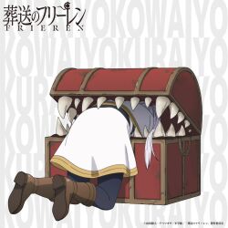 1girl ass black_pantyhose boots box brown_boots character_name copyright_name frieren gold_trim head_out_of_frame highres in_box in_container key_visual long_hair lower_body mimic mimic_chest monster official_art pantyhose promotional_art skirt solo sousou_no_frieren stuck treasure_chest vore white_hair white_skirt