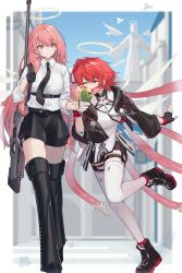 2girls :d ^_^ absurdres arknights black_gloves black_leg_warmers black_necktie black_shorts chinese_commentary closed_eyes closed_mouth collared_shirt commentary_request exusiai_(arknights) fingerless_gloves full_body gloves grey_halo gun half_gloves halo highres holding leg_up leg_warmers lemuen_(arknights) long_hair multiple_girls necktie open_mouth pink_eyes pink_hair red_hair rifle shirt short_hair shorts siblings single_glove single_half_glove sisters smile sniper_rifle standing standing_on_one_leg thighhighs traditional_halo walking watchdog_rol_(y1104280730) weapon white_shirt white_thighhighs