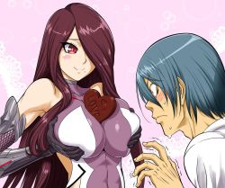 1boy 1girl ass bare_shoulders blue_hair blush_stickers boots breast_press breasts candy chocolate chocolate_heart elbow_gloves food fuuma_kotarou_(taimanin_series) fuuma_saika gloves grabbing_another&#039;s_breast groping heart hetero highleg highleg_leotard impossible_clothes impossible_leotard large_breasts leotard lilith-soft long_hair purple_hair red_eyes short_hair smile sweat taimanin_(series) taimanin_asagi taimanin_rpgx trembling valentine very_long_hair white_background zol