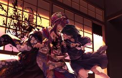 Rule 34 | 2girls, black hair, blood, blood splatter, breasts, cleavage, clenched teeth, confrontation, eye contact, floral print, game cg, grimace, highres, holding, holding sword, holding weapon, injury, japanese clothes, kaguyuzu, katana, kimono, kuryo nozomi, large breasts, long hair, looking at another, multiple girls, nie no hakoniwa, non-web source, oiran, print kimono, red hair, saegusa renge, school uniform, serafuku, short hair, shouji, skirt, sliding doors, smile, stab, sword, teeth, twilight, weapon