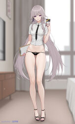 Rule 34 | 1girl, alternate costume, artist name, bare legs, black necktie, black panties, black shirt, breasts, caelus (honkai: star rail), cellphone, clipboard, closed mouth, collared shirt, commentary, full body, gluteal fold, hair rings, hashtag-only commentary, herta (honkai: star rail), highres, holding, holding clipboard, holding phone, honkai: star rail, honkai (series), indoors, legs, long hair, long legs, looking at viewer, medium breasts, nail polish, necktie, paid reward available, panties, phone, purple eyes, shirt, shirt tucked in, short sleeves, single hair ring, smartphone, smile, solo, standing, the herta (honkai: star rail), toenail polish, toenails, toes, trailblazer (honkai: star rail), underwear, very long hair, white shirt, yunkaiming