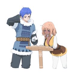 1boy 1girl age_difference book elf giant highres kiyoung_park looking_down mabinogi muiriol onee-shota pointy_ears simple_background table thinking