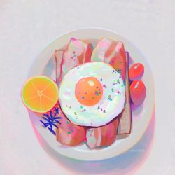 absurdres artist_name bacon bread bread_slice cherry_tomato egg_(food) egg_yolk food food_focus fried_egg fried_egg_on_toast from_above fruit highres kun333r no_humans orange_(fruit) original plate still_life toast tomato twitter_username watermark