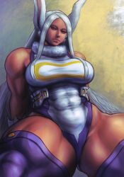 Rule 34 | 1girl, abs, absurdres, boku no hero academia, dark-skinned female, dark skin, gloves, grey hair, highres, kagerou zombie, leotard, mirko, muscular, muscular female, rabbit ears, thighhighs