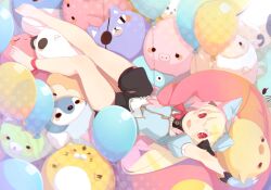 1girl animal_ear_hairband animal_ears animal_hands ankle_bow ankle_ribbon baggy_shorts balloon bare_legs barefoot bean_bag_chair black_bow black_shirt black_shorts blonde_hair blue_gloves blue_hairband bow bowtie cat_ear_hairband cat_ears colored_eyelashes commentary_request fake_animal_ears fake_claws feet full_body gloves hair_bow hairband halftone long_hair lying on_back open_mouth original paw_gloves puffy_short_sleeves puffy_sleeves red_bow red_bowtie red_eyes ribbon shiomachi shirt short_sleeves shorts smile solo stuffed_animal stuffed_bird stuffed_cat stuffed_pig stuffed_toy tareme teeth toes upper_teeth_only wrist_bow