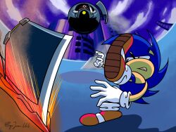 2boys animal_ears black_eyes blue_fur dr._eggman facial_hair furry furry_male glasses gloves highres machine metallic_madness multiple_boys mustache pepijuan red_shoes shoes smile sonic_(series) sonic_the_hedgehog