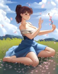 Rule 34 | 1girl, absurdres, bare arms, bare legs, barefoot, blue skirt, blue sky, branch, breasts, brown eyes, brown hair, cherry blossoms, cleavage, cloud, commentary, commission, day, english commentary, full body, grass, highres, holding, holding branch, huge breasts, kairunoburogu, large breasts, long hair, looking at viewer, on ground, original, outdoors, petals, ponytail, single bare shoulder, single off shoulder, sitting, skirt, sky, smile, solo