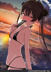 1girl bare_arms bare_shoulders bikini black_bikini black_eyes black_hair blue_archive blush braid braided_bun breasts cellphone cloud comiket_106 commentary_request dot_nose double_bun evening gyoku_seisyoku hair_between_eyes hair_bun half-closed_eyes halo hand_up highleg_bikini_bottom holding holding_phone kisaki_(blue_archive) loli long_hair looking_at_viewer navel ocean outdoors phone small_breasts smartphone solo standing stomach sunset swimsuit twintails very_long_hair wet white_halo