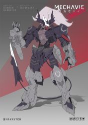 Rule 34 | artist name, artstation logo, character name, commentary, crossover, demon horns, demon tail, deviantart logo, english commentary, facebook logo, floating hair, fusion, grey background, grey hair, gun, gundam, gundam asmoday, gundam barbatos, gundam barbatos lupus rex, gundam tekketsu no orphans, gundam tekketsu no orphans urdr hunt, harryych, helltaker, highres, horns, judgement (helltaker), long hair, mecha, mechanization, mixed-language commentary, multicolored background, no humans, pixiv logo, red background, redrawn, robot, science fiction, solo, tail, twitter logo, weapon