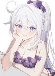 Rule 34 | 1girl, ahoge, bikini, blue eyes, breasts, cleavage, collarbone, commentary, frilled bikini, frills, hair ornament, hair scrunchie, halterneck, hashtag-only commentary, head rest, high ponytail, highres, honkai (series), honkai impact 3rd, kiana kaslana, kiana kaslana (herrscher of finality), kuqfh, long hair, looking at viewer, medium breasts, ponytail, purple bikini, purple pupils, scrunchie, smile, solo, star-shaped pupils, star (symbol), swimsuit, symbol-shaped pupils, white hair