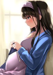 1girl black_hair blue_eyes blue_shirt highres knitting long_hair pregnant sagisawa_fumika sg_(esujii) shirt