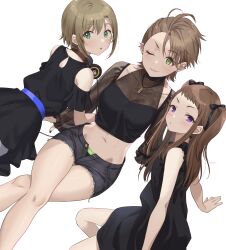 3girls absurdres arm_support bare_arms black_dress black_nails black_shirt black_shorts blush brown_hair closed_mouth crossed_legs dress dutch_angle emu_(emum) green_eyes headphones headphones_around_neck highres idolmaster idolmaster_cinderella_girls jewelry kimura_natsuki koseki_reina lips long_hair looking_at_viewer looking_back midriff multiple_girls nail_polish navel necklace one_eye_closed open_fly parted_lips purple_eyes shirt short_bangs short_hair short_shorts shorts simple_background sitting sleeveless sleeveless_dress smile tada_riina two_side_up underwear white_background