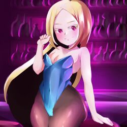1girl blonde_hair blush breasts female_focus hand_up leotard long_hair looking_at_viewer mahou_shoujo_ni_akogarete morino_korisu parted_hair pink_eyes playboy_bunny small_breasts smile solo