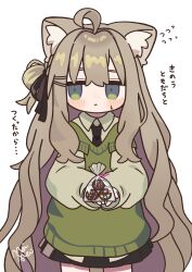 1girl :&lt; =_hair_ornament ahoge animal_ear_fluff animal_ears bag black_necktie black_ribbon black_skirt blush brown_hair cat_ears chocolate closed_mouth cowboy_shot deformed embarrassed flying_sweatdrops food gift green_eyes green_vest hair_ornament hair_ribbon hairclip hand_on_own_hip highres holding holding_bag holding_chocolate holding_food holding_gift kipfel_(vrchat) long_hair looking_to_the_side necktie plastic_bag ribbon shirt signature simple_background skirt solo tokyoraim translation_request valentine very_long_hair vest vrchat white_background white_shirt