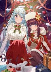 2girls :o absurdres adversarial_noise bell black_pantyhose blush bow bowtie box breasts cape christmas christmas_tree christmas_tree_ornament cleavage closed_mouth collarbone commentary_request dress epsilon_(kage_no_jitsuryokusha_ni_naritakute!) eta_(kage_no_jitsuryokusha_ni_naritakute!) fur-trimmed_cape fur-trimmed_dress fur-trimmed_skirt fur_collar fur_hat fur_trim gift gift_box gloves green_bow green_bowtie grey_hair hat hat_ribbon high-waist_skirt highres impossible_clothes impossible_sweater kage_no_jitsuryokusha_ni_naritakute! knees_up large_breasts leaf_print long_hair long_sidelocks long_skirt long_sleeves looking_at_viewer matsumoto_yuu mini_snowman multiple_girls neck_bell night outdoors pantyhose papakha parted_bangs parted_lips pointy_ears print_skirt purple_eyes red_cape red_dress red_gloves red_ribbon red_skirt ribbed_sweater ribbon sidelocks sitting skirt smile snow snowing sparkle straight_hair sweater very_long_hair watermark white_hat white_sweater