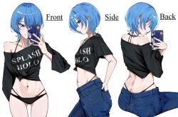 Rule 34 | 1girl, absurdres, ass, bikini, bikini under clothes, black bikini, black nails, black shirt, blue eyes, blue pants, cellphone, closed mouth, collarbone, denim, flat chest, highres, holding, holding phone, hololive, hoshimachi suisei, hoshimachi suisei (holonatsu paradise), jeans, midriff, multiple views, navel, navel piercing, pants, parted lips, phone, piercing, selfie, shirt, short hair, simple background, single bare shoulder, smartphone, smile, swimsuit, tied shirt, virgo76612871, virtual youtuber, white background