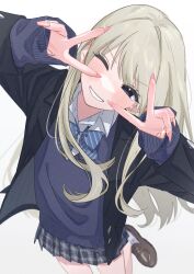 Rule 34 | 1girl, absurdres, black skirt, blonde hair, blue bow, blue bowtie, blue eyes, blush, bow, bowtie, brown shoes, collared shirt, double v, ear piercing, fingernails, grin, hamafugu, highres, long fingernails, long hair, long sleeves, looking at viewer, one eye closed, original, piercing, plaid clothes, plaid skirt, pleated skirt, second-party source, shirt, shoes, simple background, skirt, smile, socks, solo, v, white background, white shirt, white socks