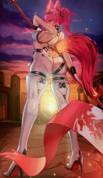 Rule 34 | 1girl, absurdres, animal ears, ass, bare shoulders, bodysuit, boots, breasts, butt crack, cameltoe, city, cityscape, from behind, highres, large breasts, long hair, looking at viewer, looking back, lupa (wuthering waves), pink hair, polearm, ponytail, puppnet, sideboob, solo, spear, tail, weapon, wuthering waves, yellow eyes
