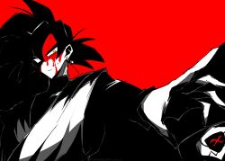 1boy black_bodysuit black_hair blood blood_on_face bodysuit dougi dragon_ball dragon_ball_heroes dragon_ball_super earrings expressionless goku_black jewelry long_sleeves looking_ahead potara_earrings reaching saiyan solo spiked_hair time_breaker_mask v621 yellow_eyes