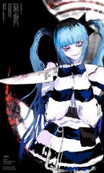 1girl amemiya_darumi black_background black_bow black_hair blue_hair blue_stripes blunt_bangs bow closed_mouth ear_piercing earrings english_text female_focus hair_between_eyes highres holding holding_knife holding_weapon japanese_text jewelry knife long_hair long_sleeves makeup multicolored_hair piercing pink_eyes safety_pin shirt simple_background smile solo solo_focus striped_clothes striped_shirt the_hundred_line_-last_defense_academy- translation_request twintails weapon white_background white_stripes