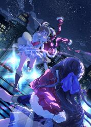 Rule 34 | 2girls, aiguillette, attack trail, belt, belt buckle, black hair, blue jacket, blue skirt, boots, bow, brown hair, buckle, building, candybun12, cape, city lights, cityscape, cloud, commentary, daiba nana, dual wielding, epaulettes, facing another, fighting, floating clothes, floating hair, floodlights, floor, glint, green eyes, grey belt, grey boots, grey jacket, grey skirt, hair bow, hair over one eye, hand up, highres, holding, holding sword, holding weapon, jacket, katana, lens flare, long hair, long sleeves, looking at another, miniskirt, multicolored jacket, multiple girls, night, night sky, one eye covered, outdoors, parted lips, pleated skirt, purple bow, red jacket, red sash, red sleeve cuffs, running, sash, see-through cape, short hair, short twintails, shoujo kageki revue starlight, shoulder sash, single horizontal stripe, skirt, sky, sparkle, stairs, star (sky), starry sky, swinging weapon, sword, tassel, tendou maya, twintails, two-tone jacket, waist cape, weapon, white jacket