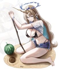 1girl alternate_costume bare_legs barefoot bikini black_bikini blonde_hair blue_eyes blue_hair breasts cleavage closed_mouth clothes_lift colored_inner_hair commentary crown_of_thorns denim denim_shorts earrings feet fleurdelys_(wuthering_waves) floating_earrings food fruit highres holding holding_stick horns jewelry large_breasts legs long_hair long_horns multicolored_hair navel nicky_w open_fly pointy_ears sand shirt shirt_lift shorts single_horn sitting solo stick stomach swimsuit tacet_mark_(wuthering_waves) thighs toes very_long_hair wariza watermelon white_background white_shirt wuthering_waves yellow_horns