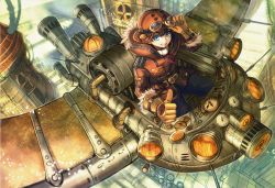1boy aircraft airplane antennae bashikou belt blue_eyes blue_pants building cable city cockpit door exhaust flying from_above gauge gloves goggles industrial_pipe jacket light looking_at_viewer machine male_focus mechanical_wings original pants photoshop_(medium) pilot pocket red_jacket road science_fiction smile smoke solo steam steampunk street teeth thumbs_up tube wings yellow_gloves