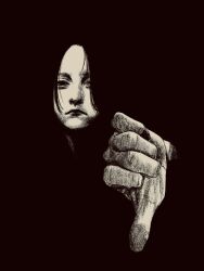 Rule 34 | 1girl, black background, black hair, greyscale, hand focus, highres, long hair, looking at viewer, monochrome, original, shadow, solo, thumbs down, tp p pt