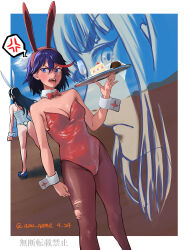 2girls absurdres animal_ears artist_name azu_nama blue_eyes border cake cake_slice commentary detached_collar fake_animal_ears food highres kill_la_kill kiryuuin_satsuki leotard matoi_ryuuko multiple_girls playboy_bunny rabbit_ears red_leotard siblings sisters speech_bubble strapless strapless_leotard white_border