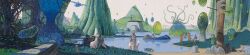 analogous_colors animal architecture building day dog highres hooded_jumpsuit landscape long_image moebius nature original outdoors people plant rock scenery science_fiction sitting sky standing stone_wall surreal tentacles tree water watercraft wide_image