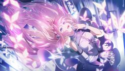 1girl blue_eyes bracelet bug butterfly colorful_palette detached_sleeves dress highres insect jewelry kimi_to_sekai_no_hajimari_de_(project_sekai) long_hair looking_at_viewer megurine_luka nail_polish official_alternate_costume official_art open_mouth pink_hair project_sekai purple_eyes skirt smile solo third-party_source very_long_hair vocaloid