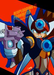 1boy armor axl_(mega_man) black_armor brown_hair chest_jewel cowboy_shot cross_scar finger_on_trigger forehead_jewel forte99919 green_eyes gun helmet highres holding holding_gun holding_weapon long_hair male_focus mega_man_(series) mega_man_x_(series) red_background red_helmet scar scar_on_face smirk solo spiked_hair watermark weapon