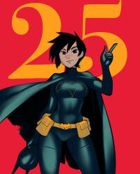 1girl batgirl batman_(series) belt black_bodysuit black_eyes black_hair bodysuit breasts cape cassandra_cain dc_comics holding holding_mask mask medium_breasts psuede red_background scar short_hair simple_background solo superhero_costume unworn_mask utility_belt
