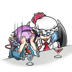 Rule 34 | 2girls, ascot, bat wings, bilingual commentary, black hairband, blue hair, blue shirt, buttons, closed eyes, collared shirt, commentary, cup, drinking glass, english commentary, eyeball, fang, frilled shirt collar, frilled sleeves, frills, hair ornament, hairband, hands on own head, hat, hat ribbon, heart, heart button, heart hair ornament, komeiji satori, korean commentary, long sleeves, mirae somang, mixed-language commentary, mob cap, multiple girls, open mouth, purple hair, red ascot, remilia scarlet, ribbon, ribbon-trimmed collar, ribbon trim, shirt, smile, third eye, touhou, white hat, white shirt, wide sleeves, wings