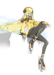 10mo 1girl arc_system_works black_pantyhose blonde_hair dress female_focus fur_hat guilty_gear guilty_gear_xrd hat high_heels highres long_hair millia_rage orange_dress panties panties_under_pantyhose pantyhose pantyshot sitting skirt solo underwear upskirt ushanka very_long_hair yellow_skirt