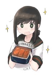 1girl absurdres ahoge black_hair black_sailor_collar eel fubuki_(kancolle) fubuki_kai_ni_(kancolle) highres juubako kantai_collection low_ponytail ma_rukan ponytail rice sailor_collar saliva school_uniform serafuku short_ponytail sidelocks simple_background solo sparkle sparkling_eyes unajuu_(food) upper_body white_background
