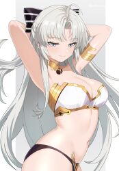 1girl absurdres ahoge aqua_eyes armlet arms_behind_head arms_up bare_shoulders bikini black_bikini black_bow bow breasts carlotta_(wuthering_waves) cleavage closed_mouth commentary cosplay cowboy_shot english_commentary fate/grand_order fate_(series) gold_trim grey_hair hair_bow highres ishtar_(fate) ishtar_(fate)_(cosplay) jewelry large_breasts long_hair looking_at_viewer mismatched_bikini navel parted_bangs smile solo stomach striped_bow swimsuit twomoon ueda_kana very_long_hair voice_actor_connection white_bikini wuthering_waves