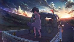 1boy 1girl ^_^ black_hair blush closed_eyes driving fisheye flag flag_on_vehicle flatbed_truck highres horizon ia_(vocaloid) kei_truck light_rays m.b motor_vehicle open_mouth original outdoors pickup_truck road scenery slippers spiked_hair standing sunbeam sunlight sunset tagme teeth truck vocaloid wind