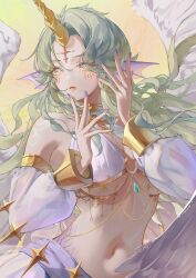 1girl absurdres bare_shoulders bikini breasts chain chigusa7h commentary_request diamond-shaped_pupils diamond_(shape) facial_mark feathered_wings fingernails fins green_hair hands_up head_fins highres horns imperator_(wuthering_waves) large_breasts long_hair looking_at_viewer nail_polish navel parted_lips personification purple_eyes purple_nails scales single_horn sleeve_garter solo stomach swimsuit symbol-shaped_pupils tacet_mark_(wuthering_waves) underboob upper_body very_long_hair white_bikini white_sleeves wings wuthering_waves yellow_eyes yellow_horns