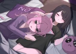 Rule 34 | 2girls, ame-chan (needy girl overdose), animal ears, black eyes, black hair, black shirt, blush, cat ears, cat girl, cat tail, closed eyes, drooling, hair ornament, hair over one eye, hand on another&#039;s head, long hair, mouth drool, multiple girls, needy girl overdose, on bed, pajamas, pien cat (needy girl overdose), pink hair, purple pajamas, shirt, sleeping, sleepy, t-shirt, tail, x hair ornament, yuriyalloween