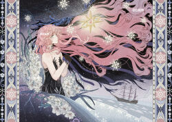 1girl aqua_eyes bare_arms bare_shoulders black_dress black_skin black_veil blue_veil colored_skin dark_background dress floating_hair flower from_side gradient_skin hands_up highres ice long_hair nautika_(reverse:1999) ocean pillarboxed pink_hair profile reverse:1999 sailing_ship solo sparkle strapless strapless_dress two-tone_veil upper_body veil very_long_hair watermark white_flower zhuyingmiao