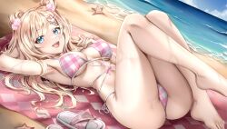 Rule 34 | 1girl, absurdres, arm behind head, arm up, armpits, ass, bare shoulders, barefoot, beach, beach mat, bikini, blonde hair, blondedaze, blue eyes, breasts, commentary, day, english commentary, feet, hand on own chest, heart, heart-shaped pupils, highres, indie virtual youtuber, knees up, large breasts, leg up, long hair, looking at viewer, lying, on back, open mouth, outdoors, pink bikini, plaid bikini, plaid clothes, rinkosannn, sandals, second-party source, side-tie bikini bottom, smile, solo, string bikini, swimsuit, symbol-shaped pupils, thighs, toes, unworn sandals, virtual youtuber, wet