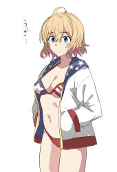 1girl ahoge american_flag american_flag_bikini american_flag_print bikini blonde_hair breasts commentary_request cowboy_shot dora_v_nu flag_print green_eyes highres hood hoodie kanojo_okarishimasu medium_breasts nanami_mami navel print_bikini solo swimsuit translation_request
