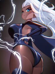 1girl animification ass blue_eyes breasts cleavage dark-skinned_female dark_skin electricity gloves highres jaxdrawz large_breasts leotard long_hair looking_at_viewer marvel marvel_rivals solo storm_(x-men) superhero_costume very_dark_skin white_hair x-men